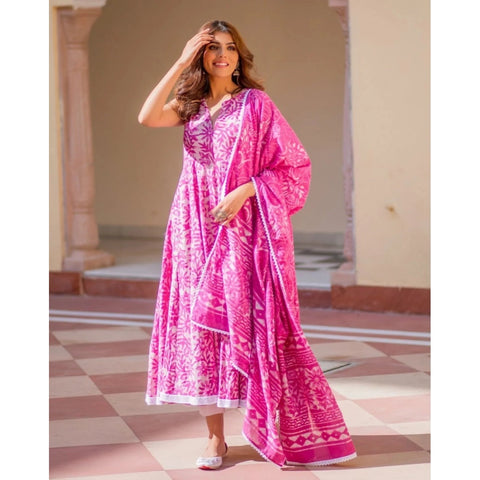 Generic Women's Casual Sleeveless Printed Cotton Kurti Set (Pink)