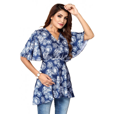 Generic Women's Casual Half Sleeve Printed Crepe Top (Blue)