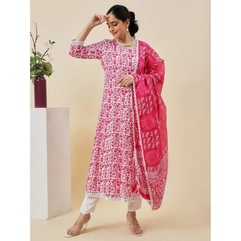 Generic Women's Casual 3/4th Sleeve Printed Cotton Kurti Set (Pink)