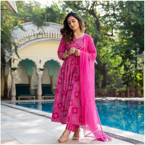 Generic Women's Casual 3/4th Sleeve Printed Cotton Kurti Set (Pink)