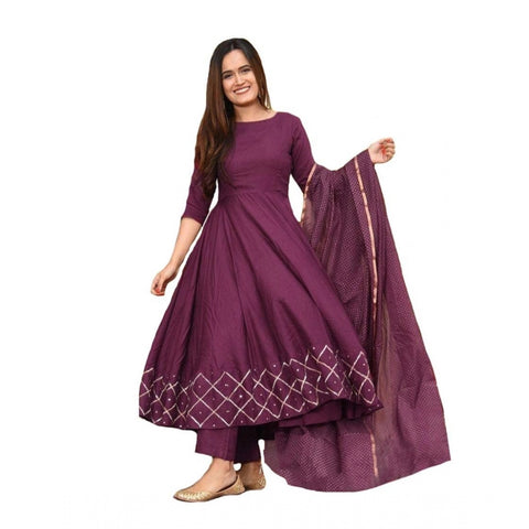 Generic Women's Casual 3/4th Sleeve Solid Cotton Kurti Set (Wine)