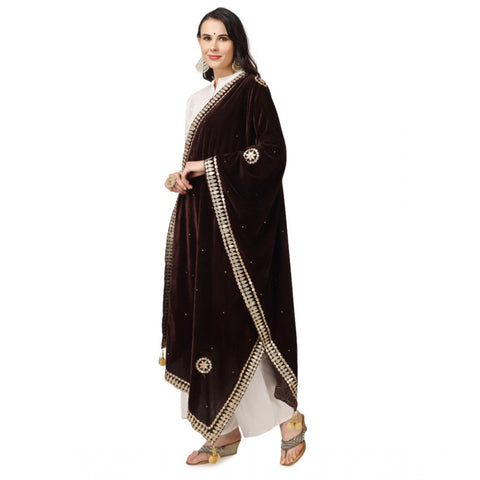 Generic Women's Velvet Gotta Patti Dupatta (Brown, Length: 2.25 to 2.50 Mtr)