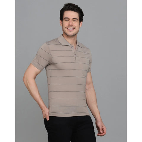 Generic Men's Casual Half Sleeve Striped Cotton Blended Polo Neck T-shirt (Beige)