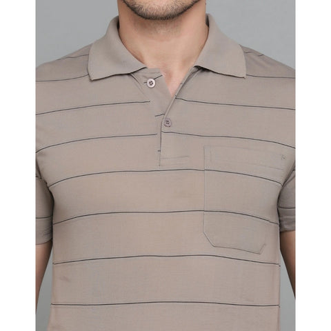 Generic Men's Casual Half Sleeve Striped Cotton Blended Polo Neck T-shirt (Beige)