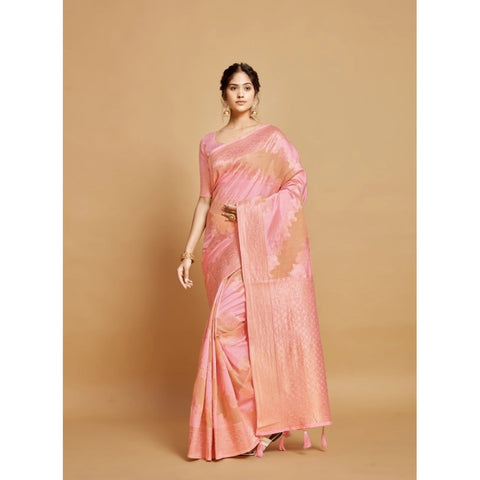 Generic Women's Linen Printed Saree With Unstitched Blouse (Pink, 5-6 Mtrs)