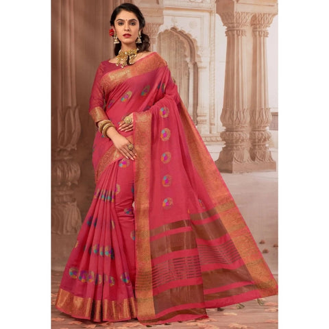 Generic Women's Chanderi Cotton Printed Saree With Unstitched Blouse (Pink, 5-6 Mtrs)