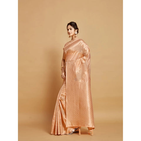 Generic Women's Linen Printed Saree With Unstitched Blouse (Peach, 5-6 Mtrs)