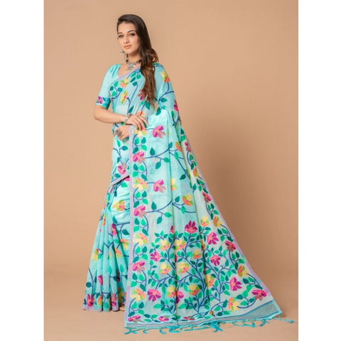 Generic Women's Cotton Printed Saree With Unstitched Blouse (Sky Blue, 5-6 Mtrs)