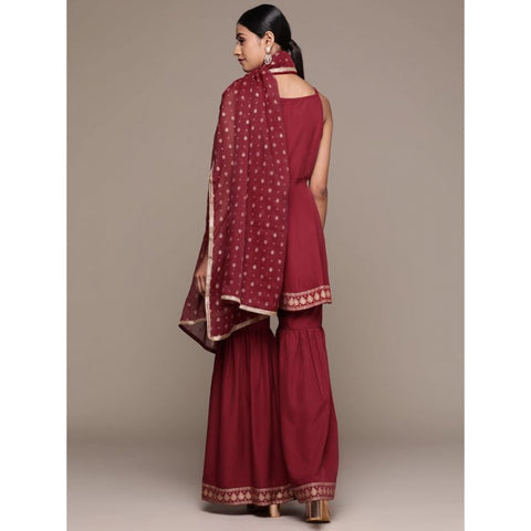 Generic Women's Casual Sleeveless Ethnic Motifs Crepe Kurti Sharara And Dupatta Set (Maroon)