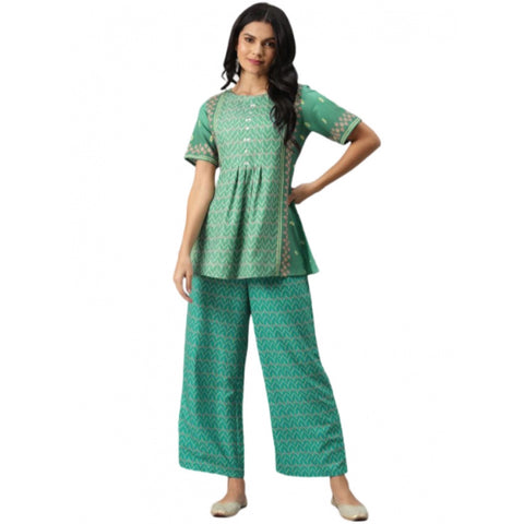 Generic Women's Casual Half Sleeve Geometric Rayon Kurti And Palazzo Set (Green)