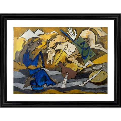 Generic Horses in Battle Painting With Wood Photo Frame (Multicolor)