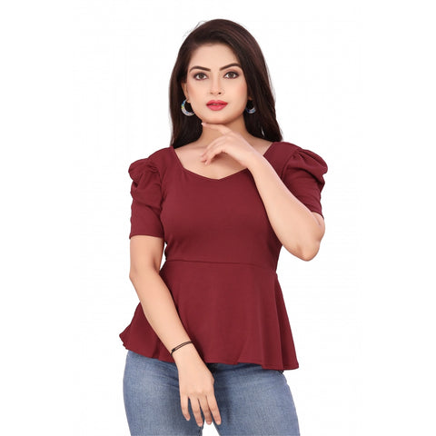 Generic Women's Casual Puff Sleeves Lycra Blend Sweetheart Neck Top (Maroon)