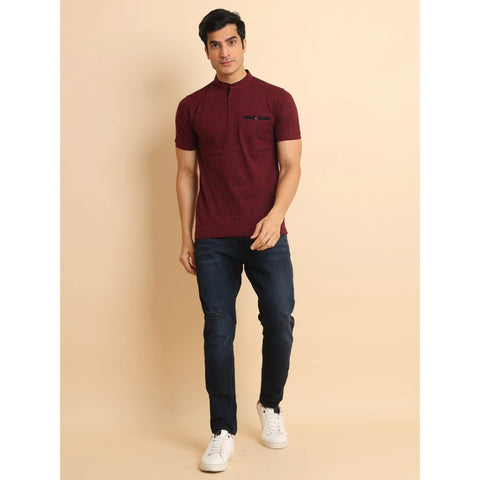 Generic Men's Casual Cotton Printed Mandarin Collar Half Sleeve T-Shirt (Plum)