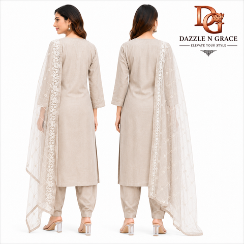 Beige Embroidered Cotton Suit Set with Organza Dupatta for Women