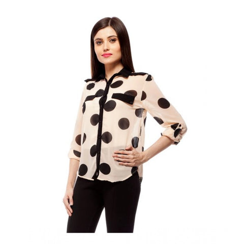 Generic Women's Polyester Polka Roll Up Sleeve Standard Length Shirt (Peach)