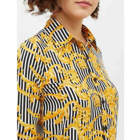 Generic Women's Polyester Printed Roll Up Sleeve Standard Length Shirt (Mustared)