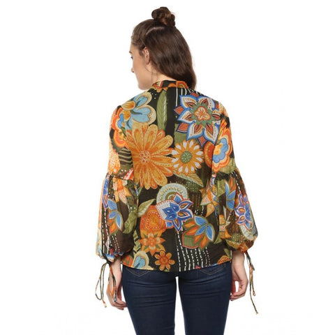 Generic Women's Polyester Floral Balloon Sleeve Top (Mustard - Olive)