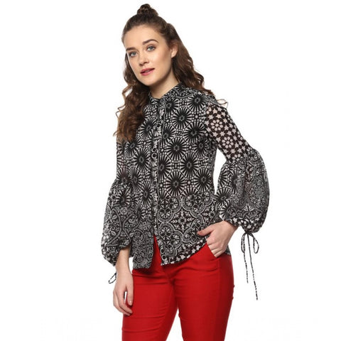 Generic Women's Polyester Printed Balloon Sleeve Top (Black - White)