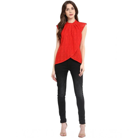 Generic Women's Cotton Lace Embellished Cap Sleeve Regular Top (Red)