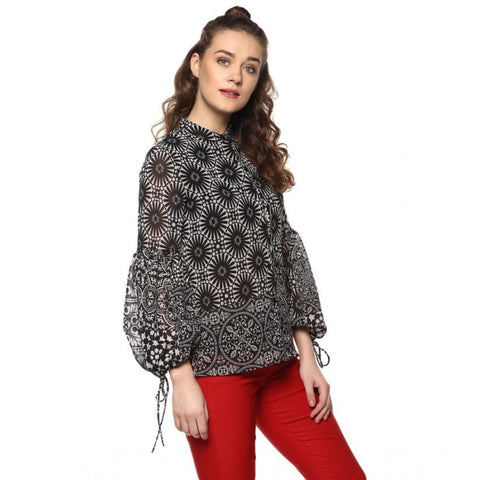 Generic Women's Polyester Printed Balloon Sleeve Top (Black - White)