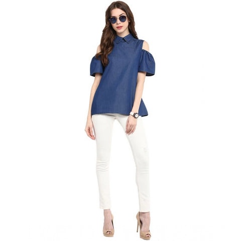 Generic Women's Denim Solid Cold Shoulder Regular Top (Blue)