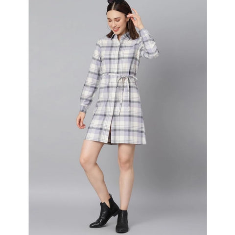 Generic Women's Cotton Checkered Long Sleeves Above Knee Dress (Grey)