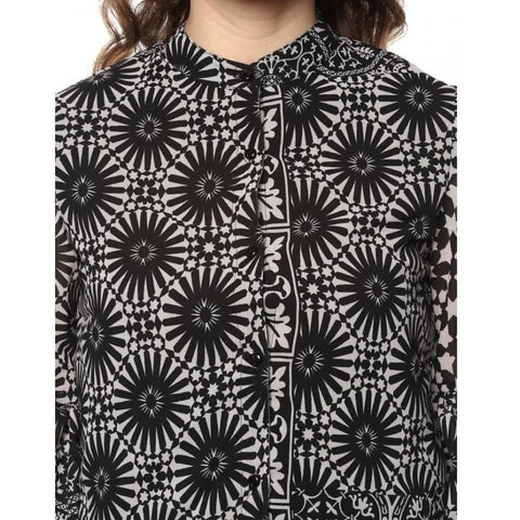 Generic Women's Polyester Printed Balloon Sleeve Top (Black - White)