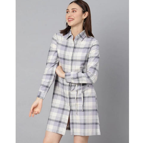 Generic Women's Cotton Checkered Long Sleeves Above Knee Dress (Grey)