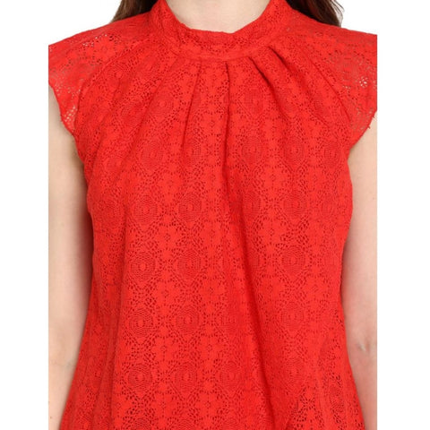 Generic Women's Cotton Lace Embellished Cap Sleeve Regular Top (Red)