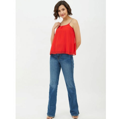 Generic Women's Polyester Embellished Shoulder Straps Top (Red)