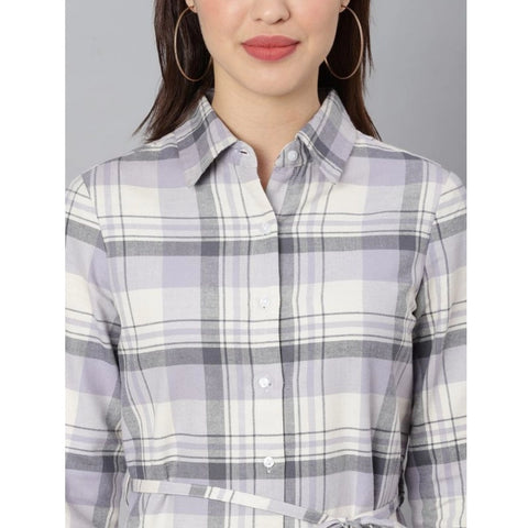 Generic Women's Cotton Checkered Long Sleeves Above Knee Dress (Grey)