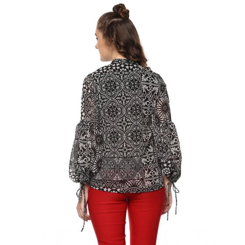Generic Women's Polyester Printed Balloon Sleeve Top (Black - White)