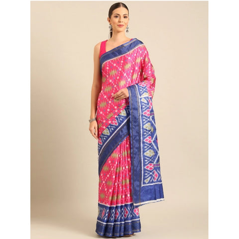 Generic Women's Cotton Printed Saree With Unstitched Blouse 5.5Mtr (Pink-Blue)