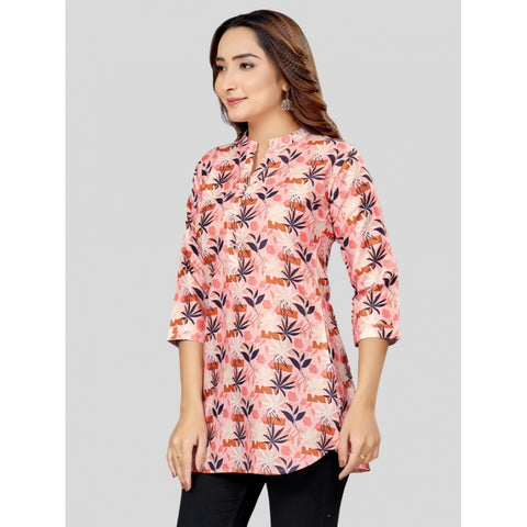 Generic Women's Cotton Blend Mandarin Collar 3/4 Sleeves Short Top (Pink-Navy Blue)