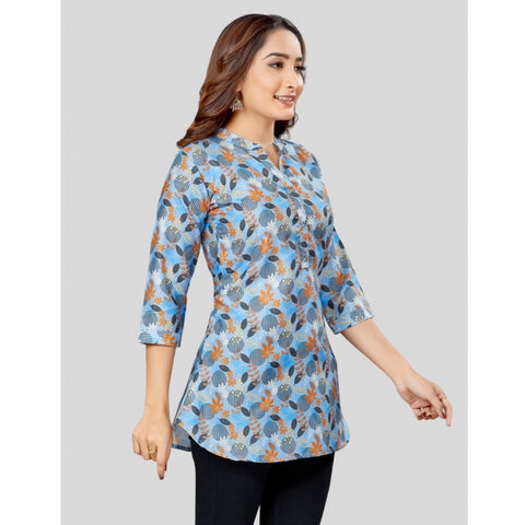 Generic Women's Cotton Blend Mandarin Collar 3/4 Sleeves Short Top (Blue)
