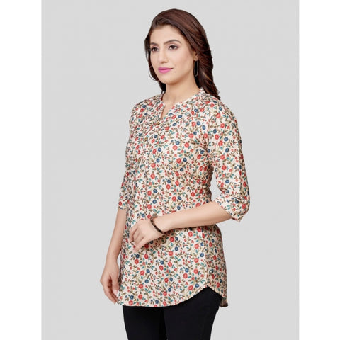 Generic Women's Poly Crepe Mandarin Collar 3/4 Sleeves Short Top (Beige)