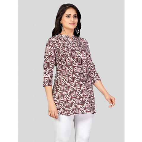 Generic Women's Poly Crepe Mandarin Collar 3/4 Sleeves Short Top (Maroon)