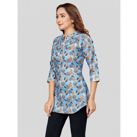 Generic Women's Cotton Blend Mandarin Collar 3/4 Sleeves Short Top (Blue)