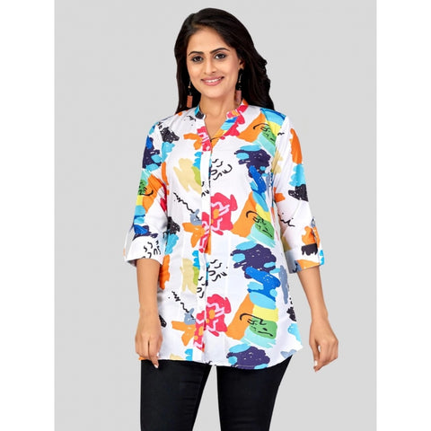 Generic Women's Poly Crepe Mandarin Collar 3/4 Sleeves Short Top (Multicolor)