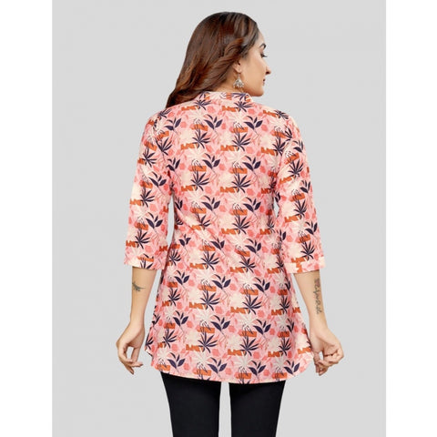 Generic Women's Cotton Blend Mandarin Collar 3/4 Sleeves Short Top (Pink-Navy Blue)