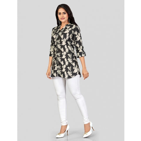 Generic Women's Poly Crepe Mandarin Collar 3/4 Sleeves Short Top (Black)