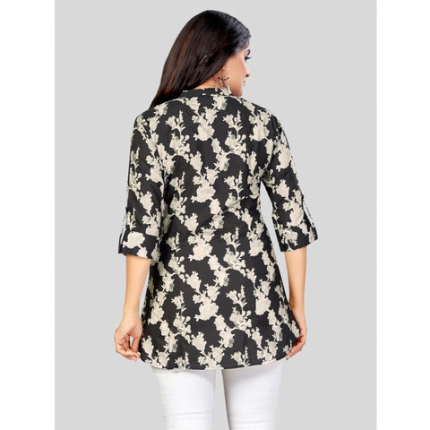Generic Women's Poly Crepe Mandarin Collar 3/4 Sleeves Short Top (Black)