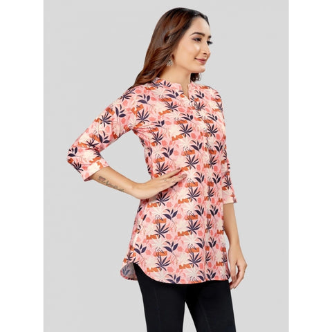 Generic Women's Cotton Blend Mandarin Collar 3/4 Sleeves Short Top (Pink-Navy Blue)