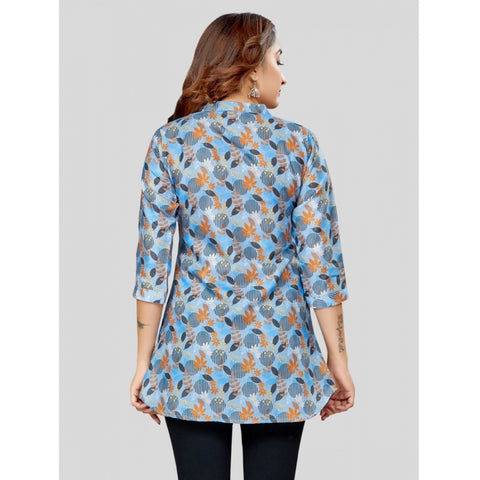 Generic Women's Cotton Blend Mandarin Collar 3/4 Sleeves Short Top (Blue)