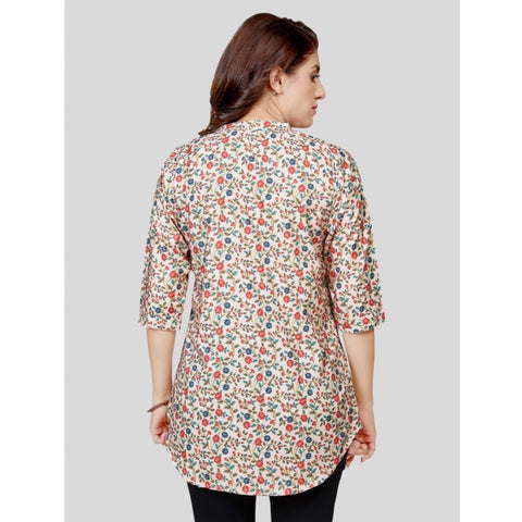 Generic Women's Poly Crepe Mandarin Collar 3/4 Sleeves Short Top (Beige)