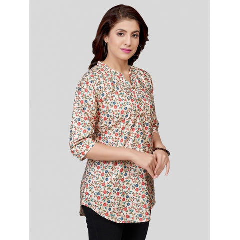Generic Women's Poly Crepe Mandarin Collar 3/4 Sleeves Short Top (Beige)