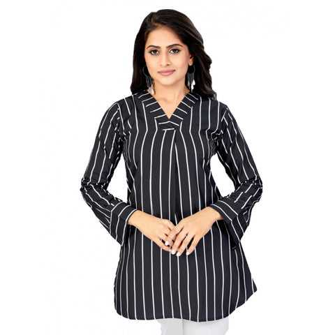 Generic Women's Poly Crepe V-Neck Full Sleeves Short Top (Black)