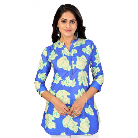 Generic Women's Poly Crepe Mandarin Collar 3/4 Sleeves Short Top (Blue)