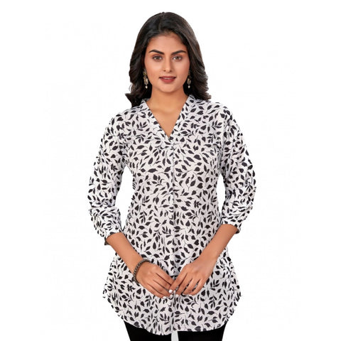 Generic Women's Poly Crepe Chinese Collar 3/4 Sleeves Short Top (Black-White)
