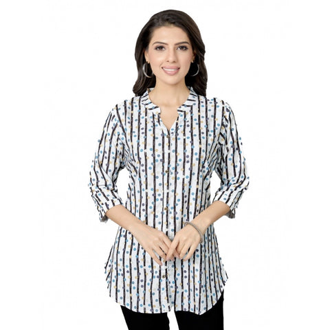 Generic Women's Poly Crepe Mandarin Collar 3/4 Sleeves Short Top (White)